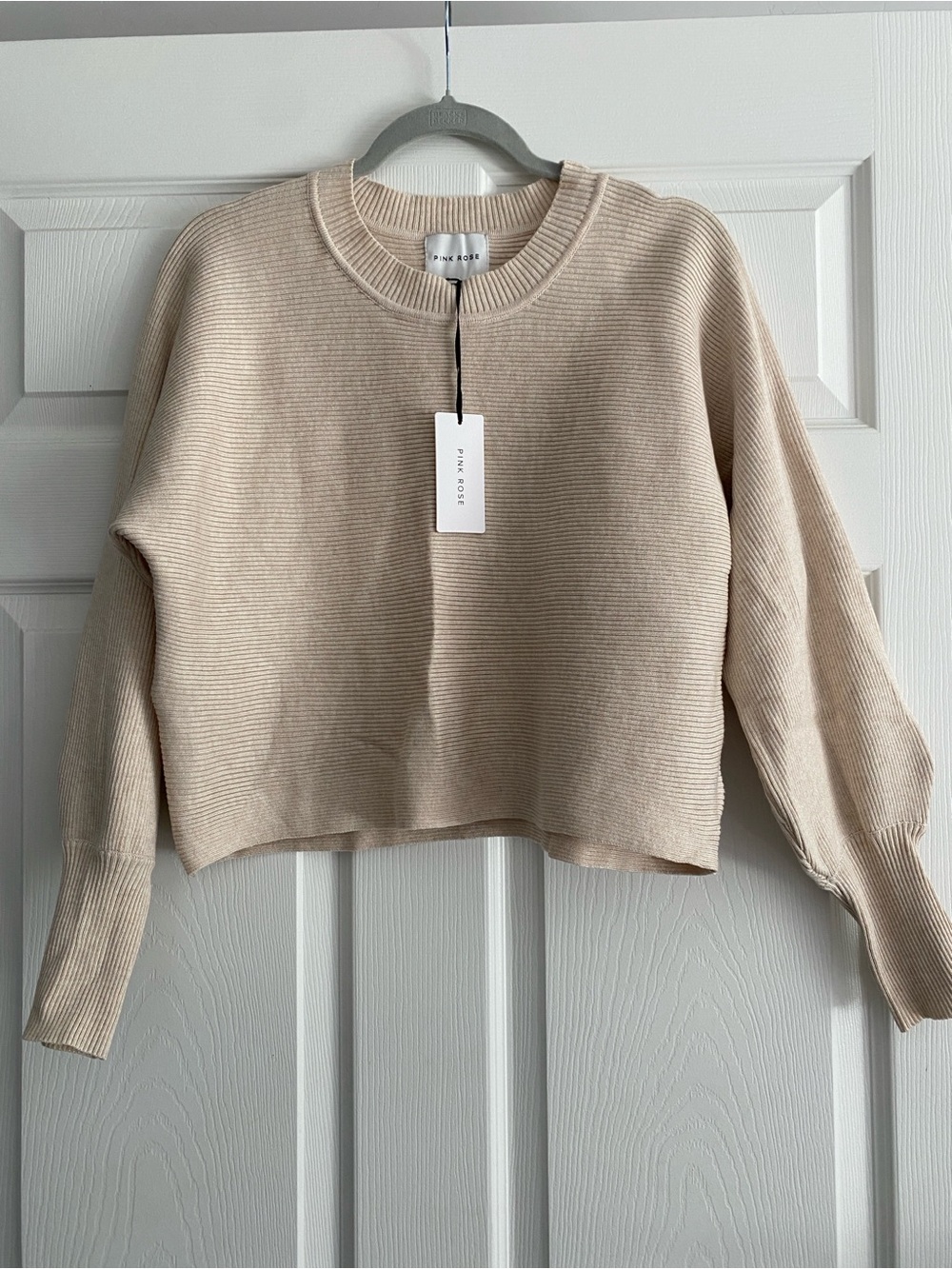 Pink Rose Light Beige Ribbed Crewneck Cropped Sweater